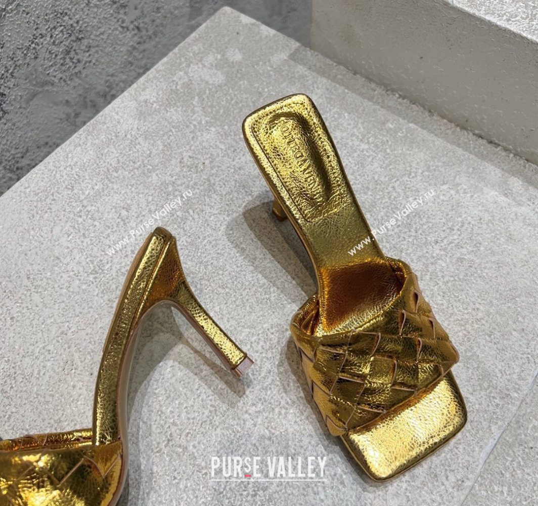 Bottega Veneta Parco Square Heel Slides Sandals 9cm in Soft Intrecciato Leather Gold 2025 837737 (MD-250604023)
