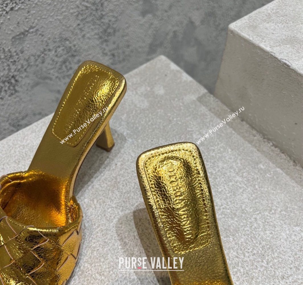 Bottega Veneta Parco Square Heel Slides Sandals 9cm in Soft Intrecciato Leather Gold 2025 837737 (MD-250604023)