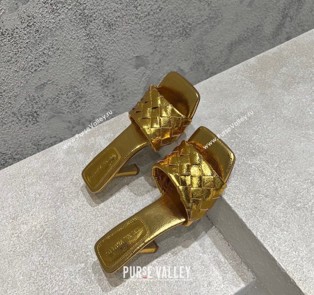 Bottega Veneta Parco Square Heel Slides Sandals 9cm in Soft Intrecciato Leather Gold 2025 837737 (MD-250604023)