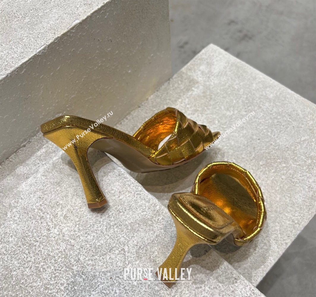 Bottega Veneta Parco Square Heel Slides Sandals 9cm in Soft Intrecciato Leather Gold 2025 837737 (MD-250604023)