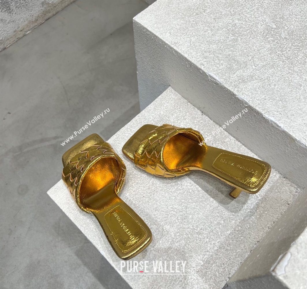 Bottega Veneta Parco Square Heel Slides Sandals 9cm in Soft Intrecciato Leather Gold 2025 837737 (MD-250604023)