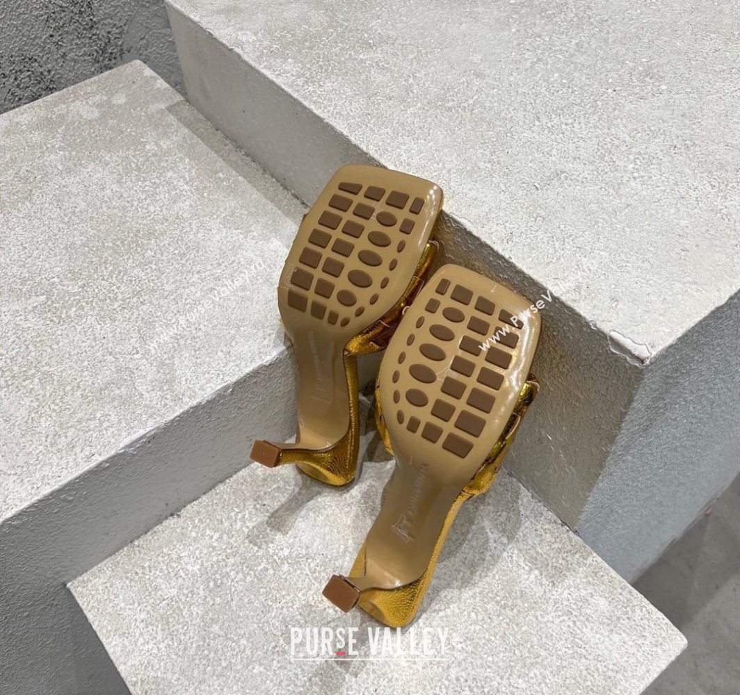 Bottega Veneta Parco Square Heel Slides Sandals 9cm in Soft Intrecciato Leather Gold 2025 837737 (MD-250604023)