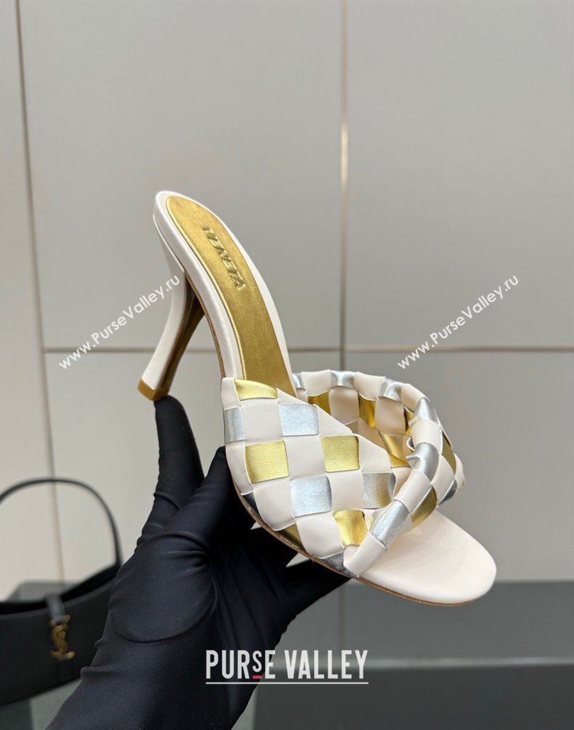 Bottega Veneta Blink Heel Slides Sandals 9.5cm in Vichy Intrecciato Leather with Folded Detail Nude 2025 (MD-250604024)
