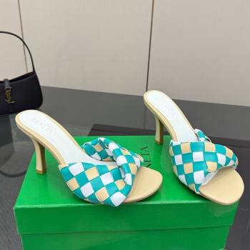 Bottega Veneta Blink Heel Slides Sandals 9.5cm in Vichy Intrecciato Leather with Folded Detail Beige 2025 (MD-250604027)