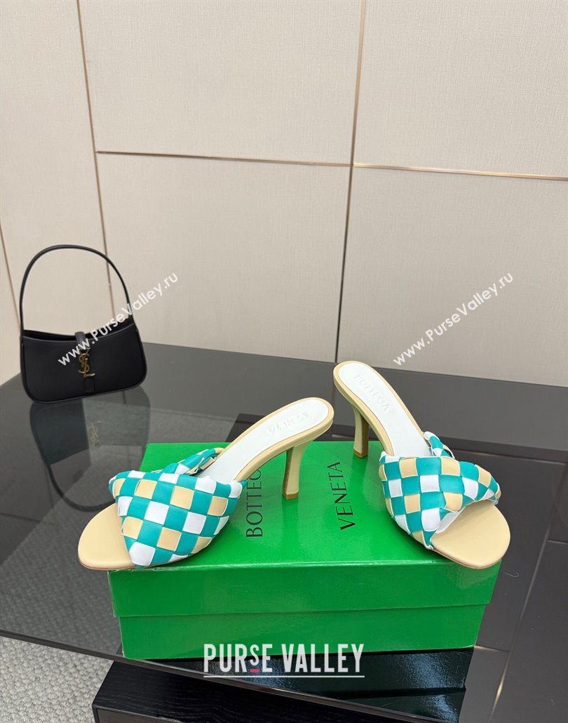 Bottega Veneta Blink Heel Slides Sandals 9.5cm in Vichy Intrecciato Leather with Folded Detail Beige 2025 (MD-250604027)