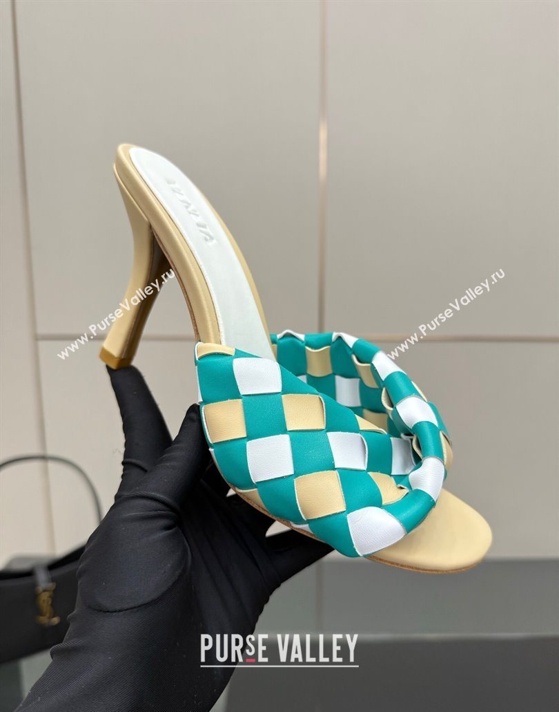 Bottega Veneta Blink Heel Slides Sandals 9.5cm in Vichy Intrecciato Leather with Folded Detail Beige 2025 (MD-250604027)
