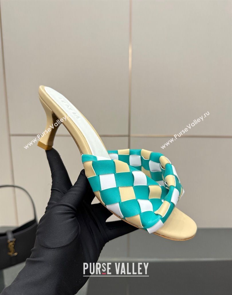 Bottega Veneta Blink Heel Slides Sandals 6.5cm in Vichy Intrecciato Leather with Folded Detail Beige 2025 (MD-250604028)