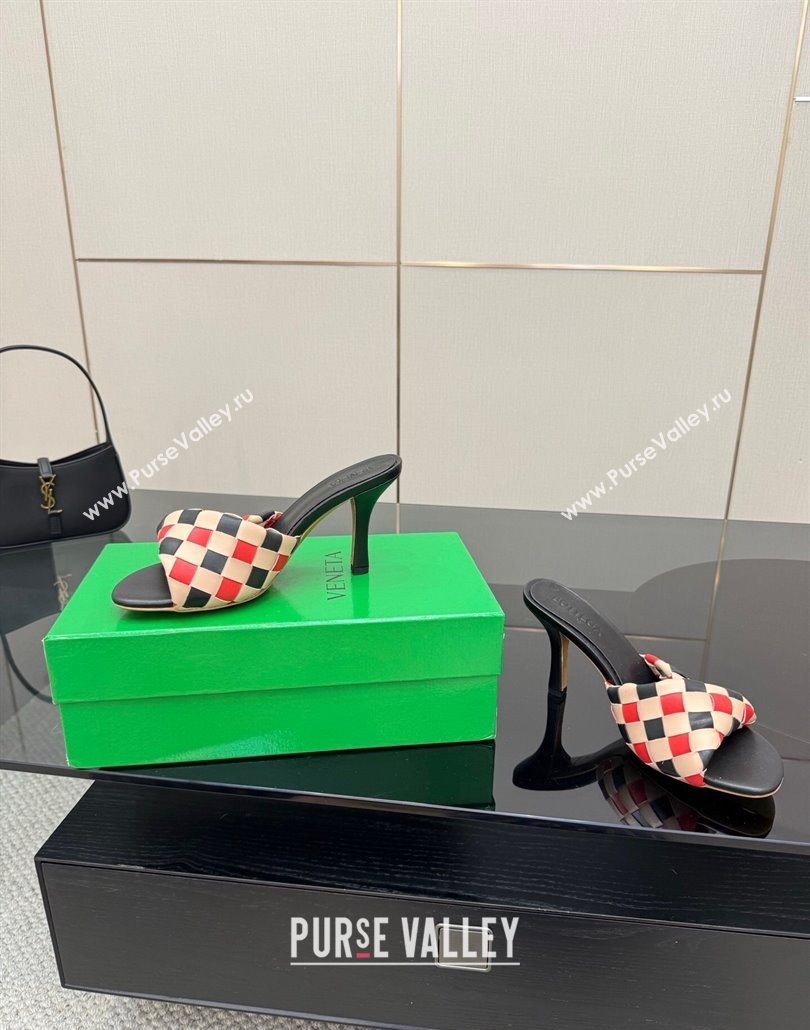 Bottega Veneta Blink Heel Slides Sandals 9.5cm in Vichy Intrecciato Leather with Folded Detail Black 2025 (MD-250604030)
