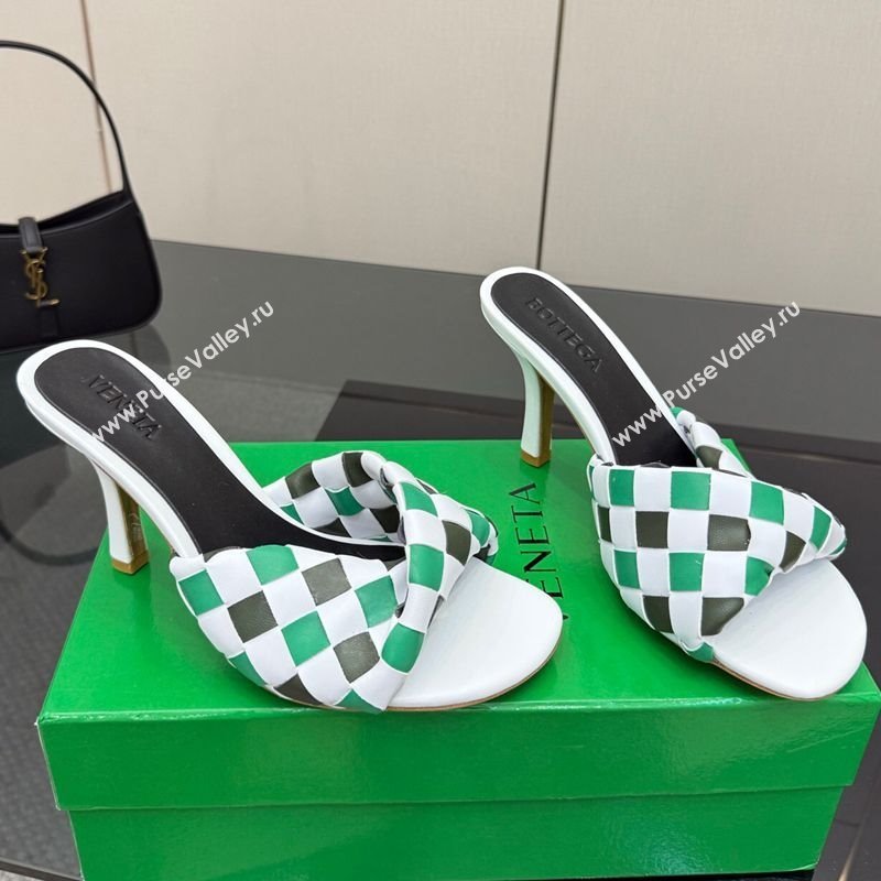 Bottega Veneta Blink Heel Slides Sandals 9.5cm in Vichy Intrecciato Leather with Folded Detail Green 2025 (MD-250604033)
