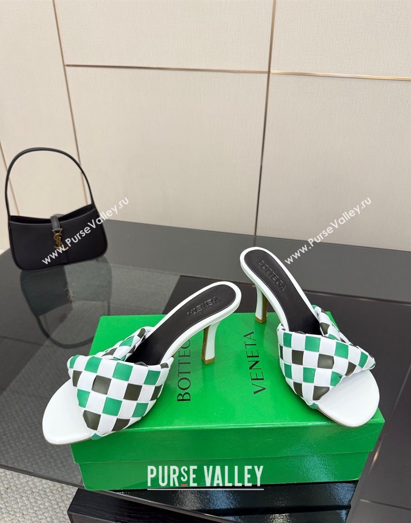Bottega Veneta Blink Heel Slides Sandals 9.5cm in Vichy Intrecciato Leather with Folded Detail Green 2025 (MD-250604033)