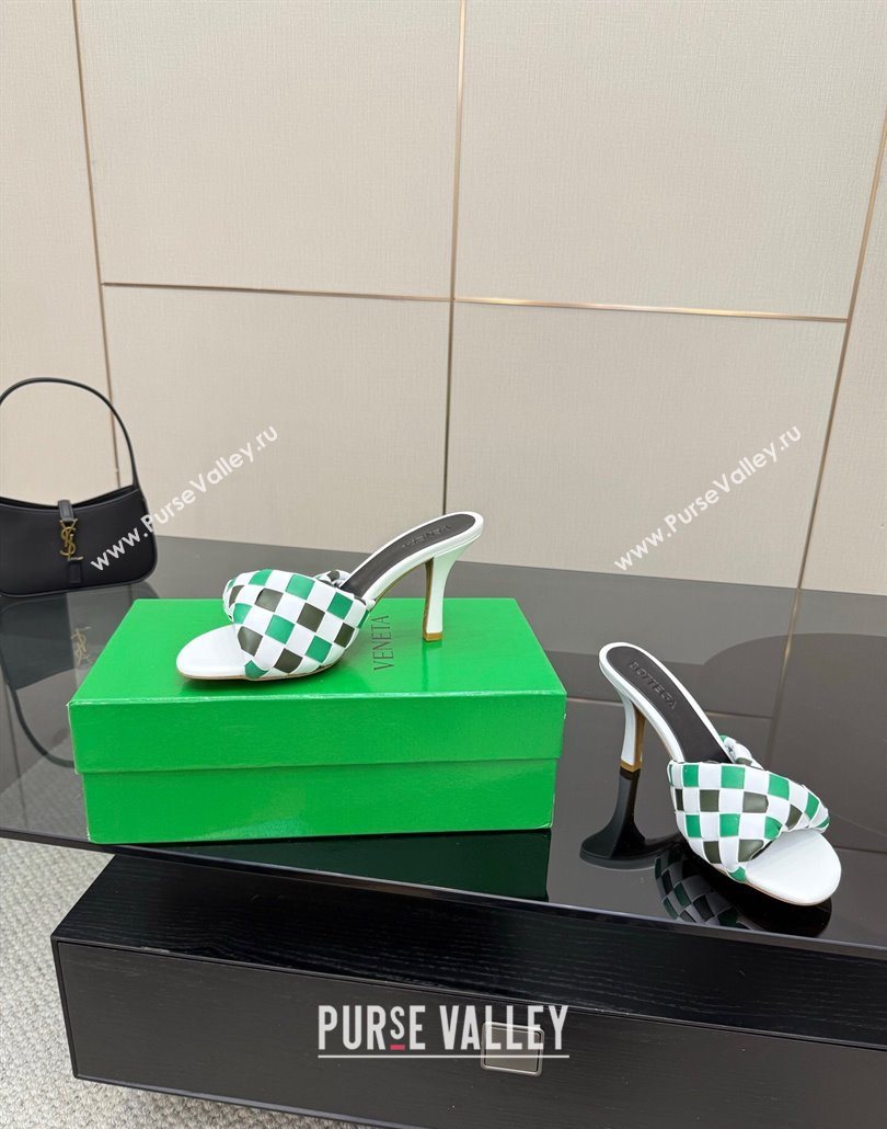 Bottega Veneta Blink Heel Slides Sandals 9.5cm in Vichy Intrecciato Leather with Folded Detail Green 2025 (MD-250604033)