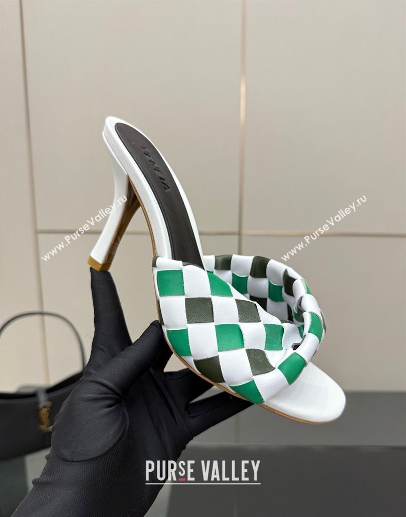 Bottega Veneta Blink Heel Slides Sandals 9.5cm in Vichy Intrecciato Leather with Folded Detail Green 2025 (MD-250604033)