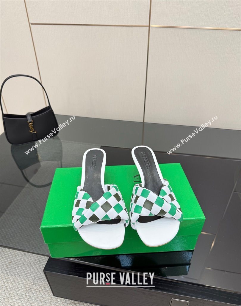 Bottega Veneta Blink Heel Slides Sandals 6.5cm in Vichy Intrecciato Leather with Folded Detail Green 2025 (MD-250604034)