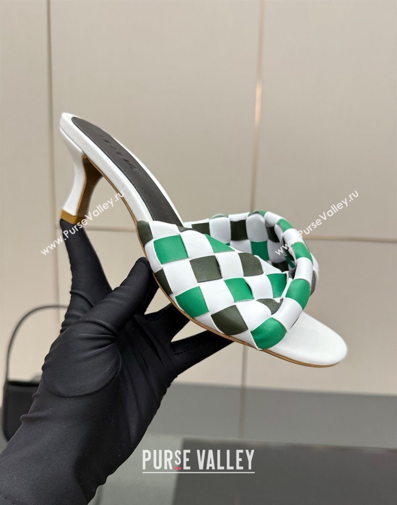 Bottega Veneta Blink Heel Slides Sandals 6.5cm in Vichy Intrecciato Leather with Folded Detail Green 2025 (MD-250604034)