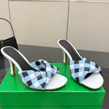 Bottega Veneta Blink Heel Slides Sandals 9.5cm in Vichy Intrecciato Leather with Folded Detail Blue 2025 (MD-250604036)