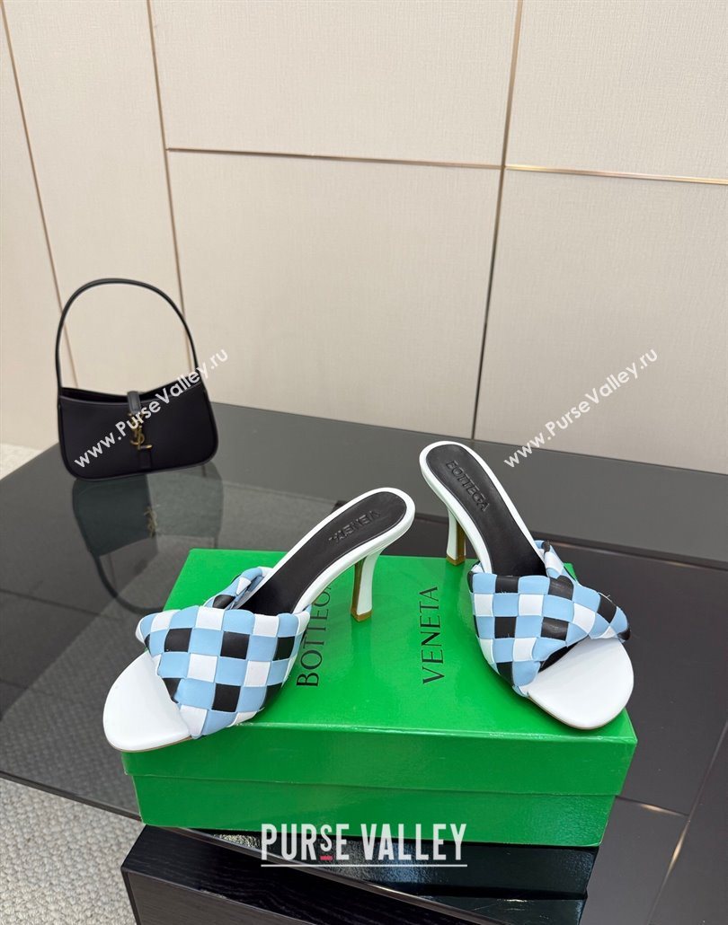 Bottega Veneta Blink Heel Slides Sandals 9.5cm in Vichy Intrecciato Leather with Folded Detail Blue 2025 (MD-250604036)