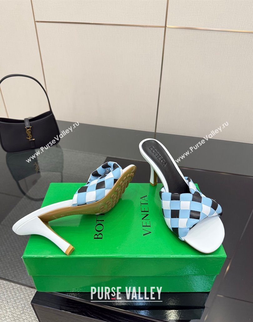 Bottega Veneta Blink Heel Slides Sandals 9.5cm in Vichy Intrecciato Leather with Folded Detail Blue 2025 (MD-250604036)