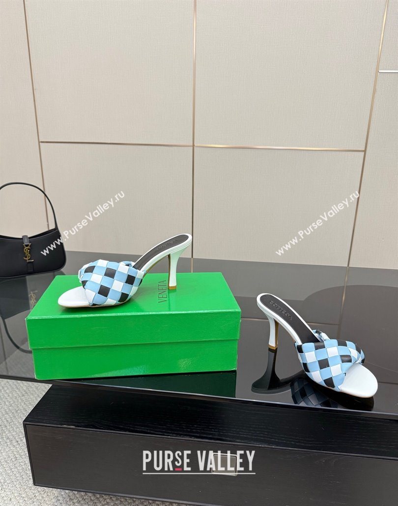 Bottega Veneta Blink Heel Slides Sandals 9.5cm in Vichy Intrecciato Leather with Folded Detail Blue 2025 (MD-250604036)