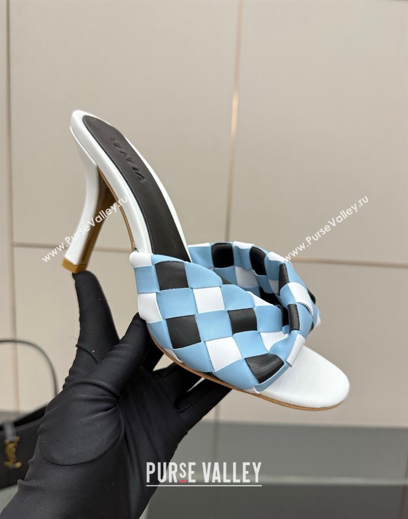 Bottega Veneta Blink Heel Slides Sandals 9.5cm in Vichy Intrecciato Leather with Folded Detail Blue 2025 (MD-250604036)