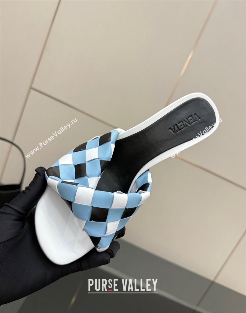 Bottega Veneta Blink Heel Slides Sandals 9.5cm in Vichy Intrecciato Leather with Folded Detail Blue 2025 (MD-250604036)