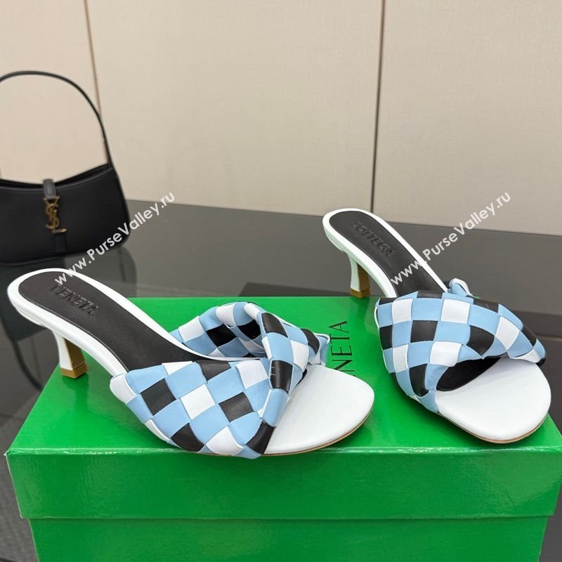 Bottega Veneta Blink Heel Slides Sandals 6.5cm in Vichy Intrecciato Leather with Folded Detail Blue 2025 (MD-250604037)