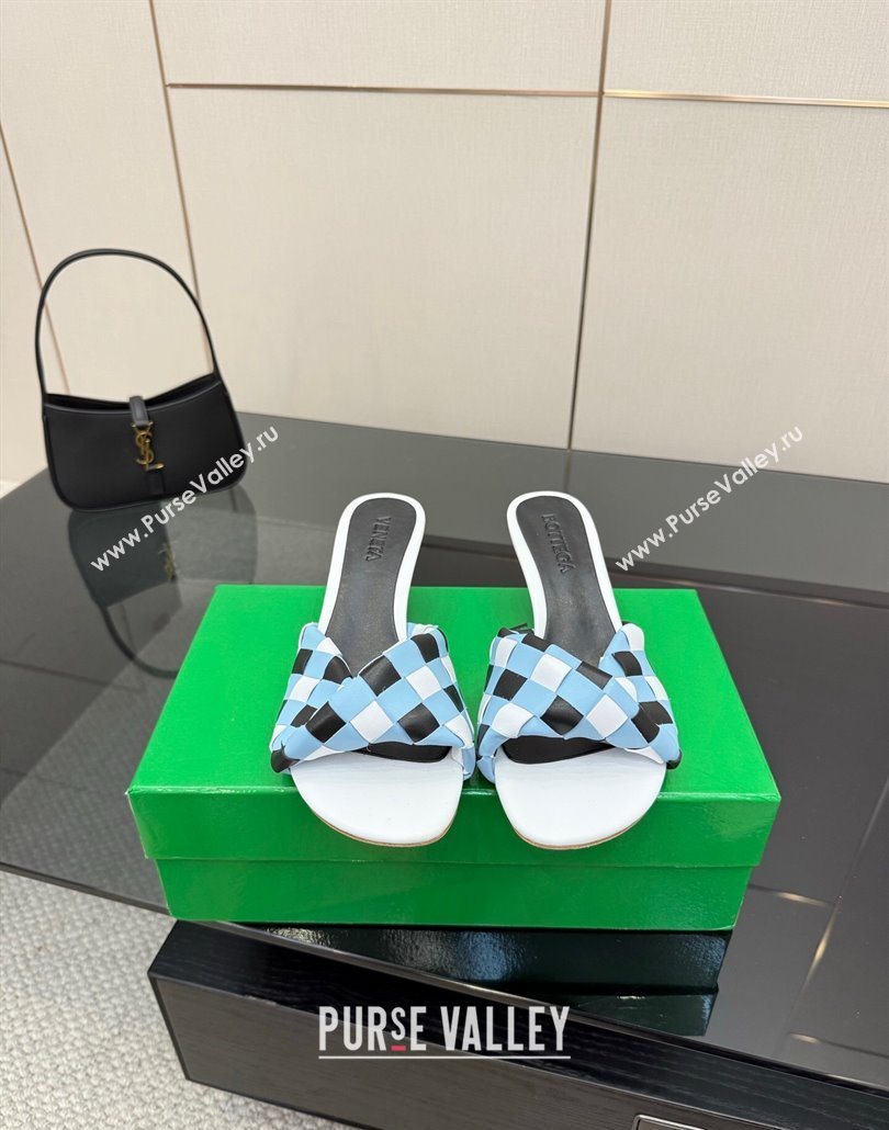 Bottega Veneta Blink Heel Slides Sandals 6.5cm in Vichy Intrecciato Leather with Folded Detail Blue 2025 (MD-250604037)