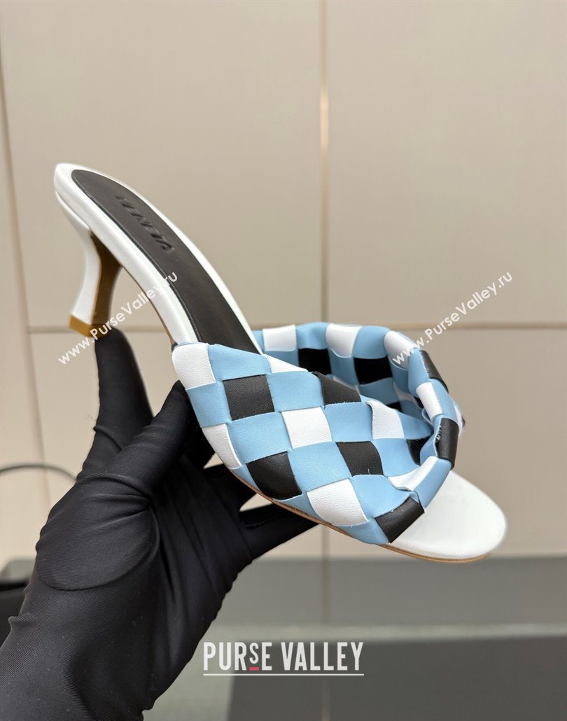 Bottega Veneta Blink Heel Slides Sandals 6.5cm in Vichy Intrecciato Leather with Folded Detail Blue 2025 (MD-250604037)