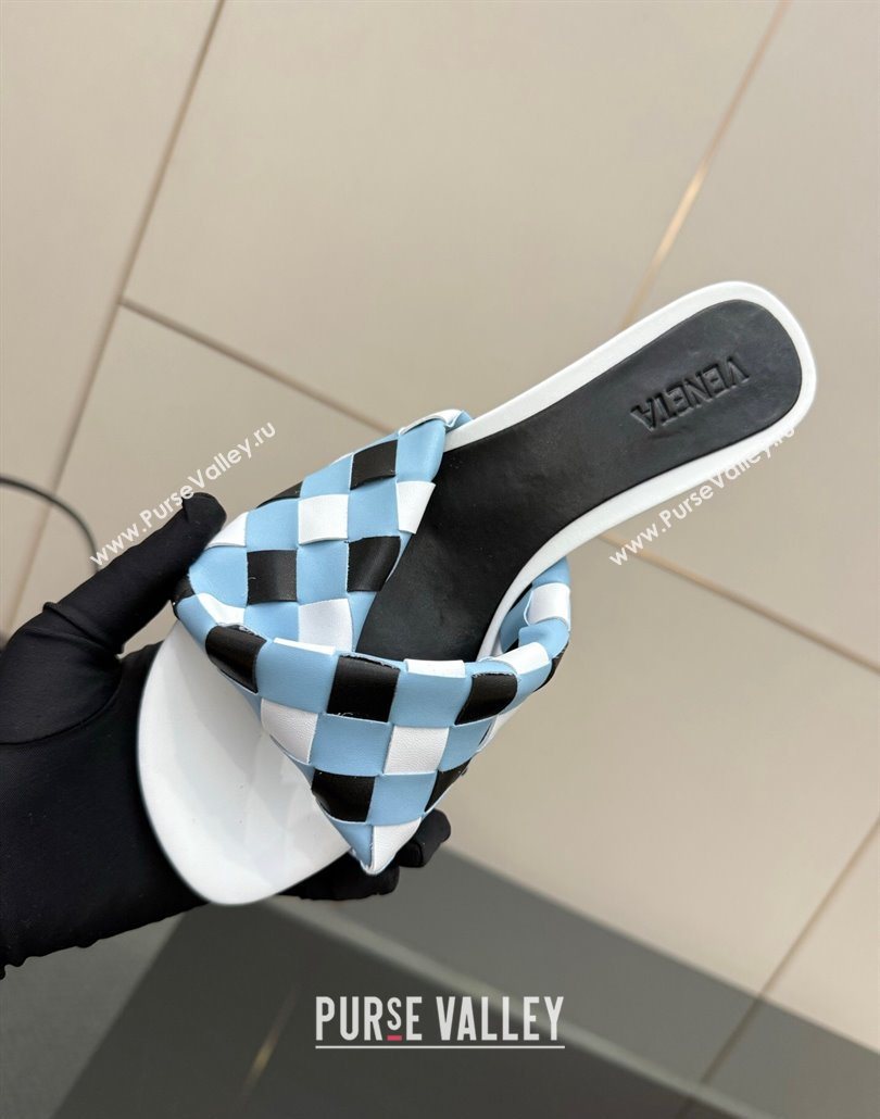 Bottega Veneta Blink Heel Slides Sandals 6.5cm in Vichy Intrecciato Leather with Folded Detail Blue 2025 (MD-250604037)