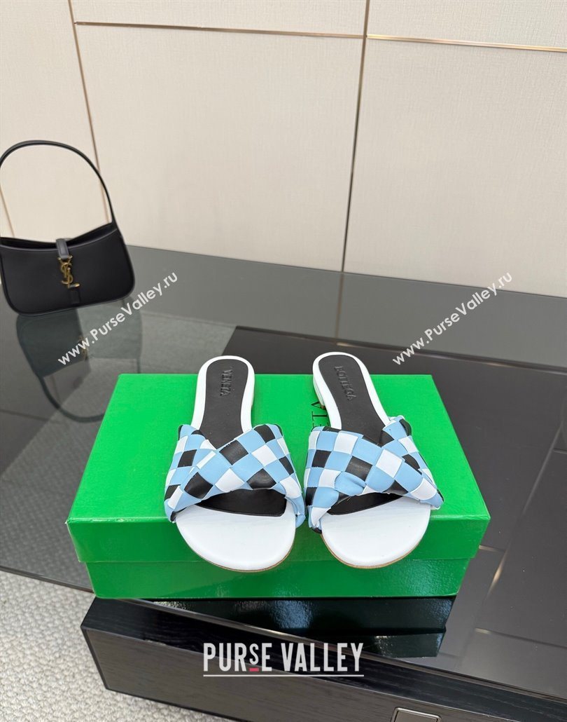 Bottega Veneta Blink Flat Slides Sandals in Vichy Intrecciato Leather with Folded Detail Blue 2025 (MD-250604038)