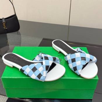 Bottega Veneta Blink Flat Slides Sandals in Vichy Intrecciato Leather with Folded Detail Blue 2025 (MD-250604038)