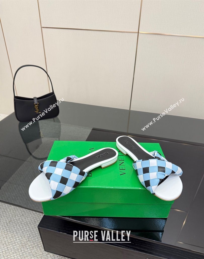 Bottega Veneta Blink Flat Slides Sandals in Vichy Intrecciato Leather with Folded Detail Blue 2025 (MD-250604038)