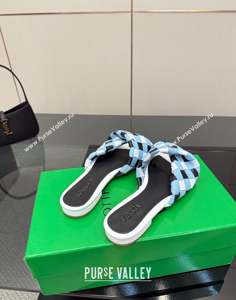 Bottega Veneta Blink Flat Slides Sandals in Vichy Intrecciato Leather with Folded Detail Blue 2025 (MD-250604038)