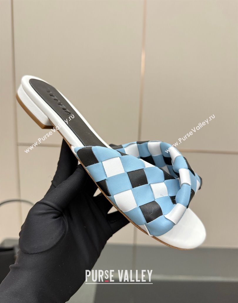 Bottega Veneta Blink Flat Slides Sandals in Vichy Intrecciato Leather with Folded Detail Blue 2025 (MD-250604038)