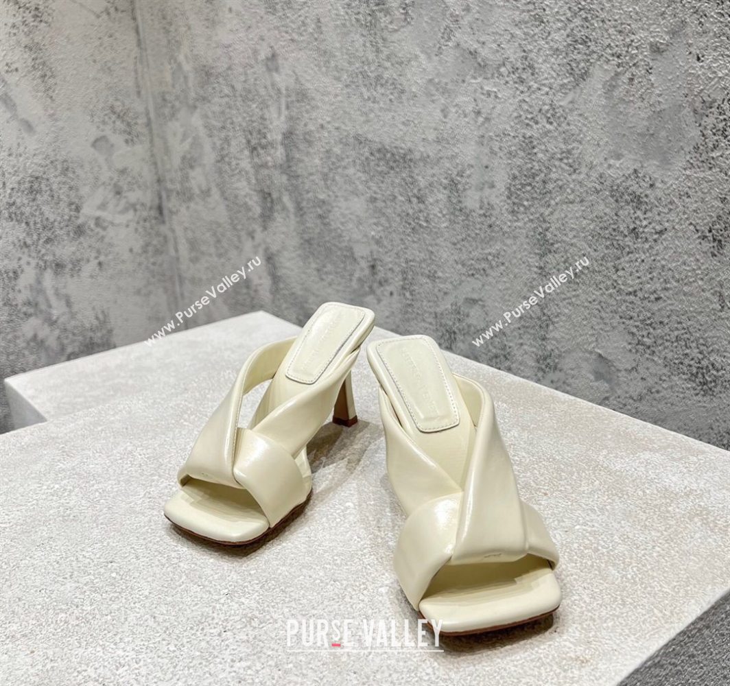 Bottega Veneta Riva Heel Slides Sandal 9cm in Shiny Calfskin with Twisted Strap Sea Salt White 2025 (MD-250604045)