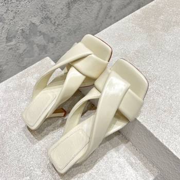Bottega Veneta Riva Heel Slides Sandal 9cm in Shiny Calfskin with Twisted Strap Sea Salt White 2025 (MD-250604045)
