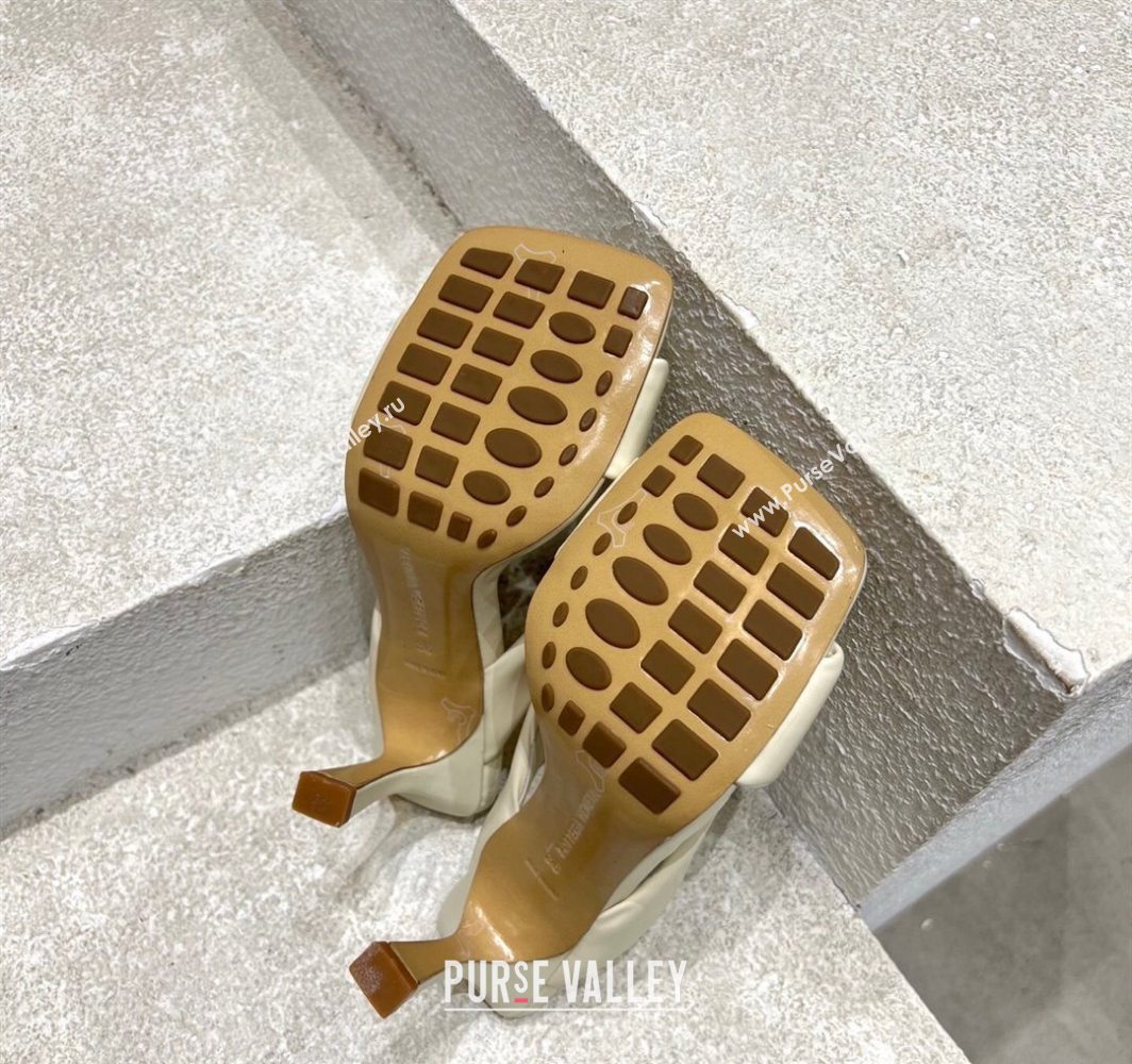 Bottega Veneta Riva Heel Slides Sandal 9cm in Shiny Calfskin with Twisted Strap Sea Salt White 2025 (MD-250604045)