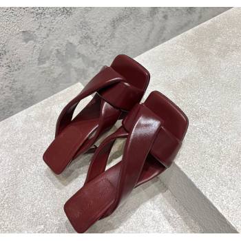 Bottega Veneta Riva Heel Slides Sandal 9cm in Shiny Calfskin with Twisted Strap Barolo Red 2025 (MD-250604047)