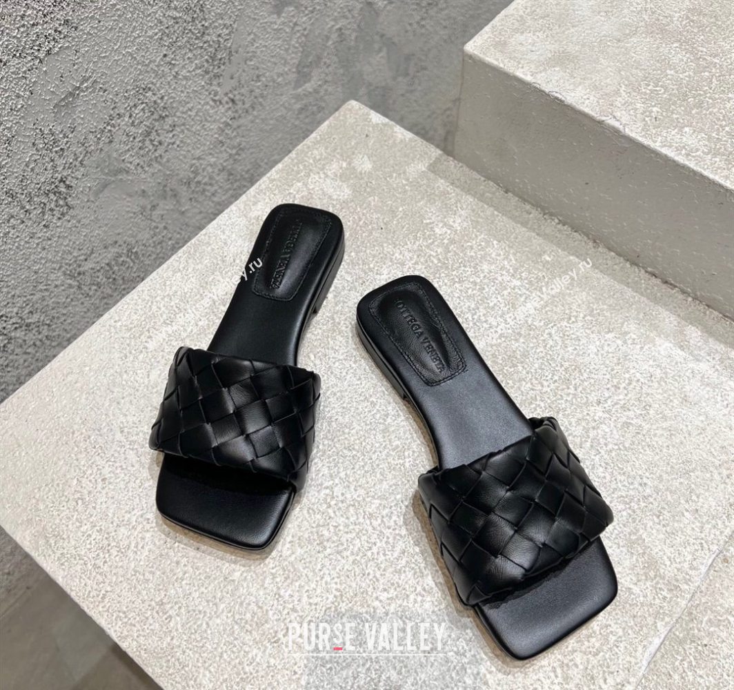 Bottega Veneta Parco Square Flat Slides Sandals in Soft Intrecciato Leather Black 2025 837737 (MD-250604010)
