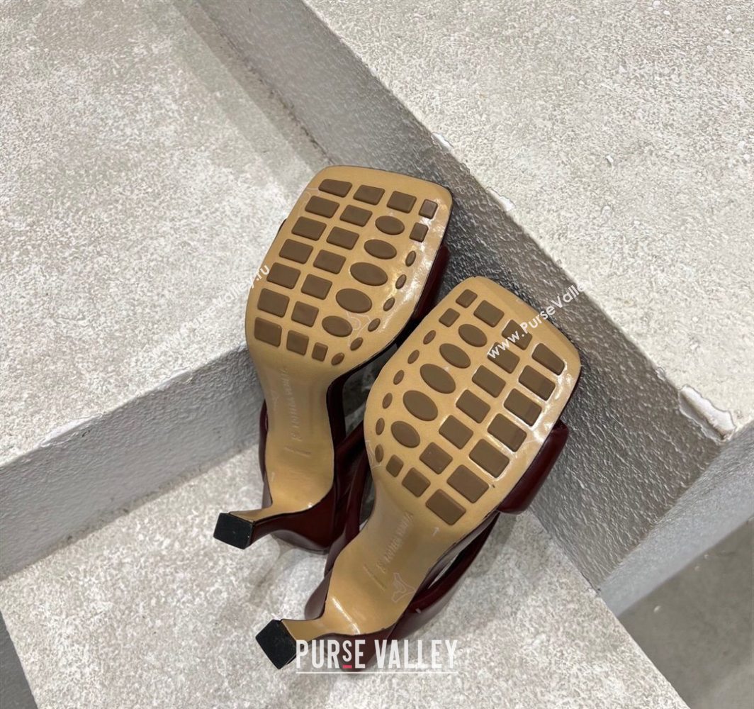 Bottega Veneta Riva Heel Slides Sandal 9cm in Shiny Calfskin with Twisted Strap Barolo Red 2025 (MD-250604047)