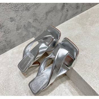 Bottega Veneta Riva Heel Slides Sandal 9cm in Shiny Calfskin with Twisted Strap Silver 2025 (MD-250604049)