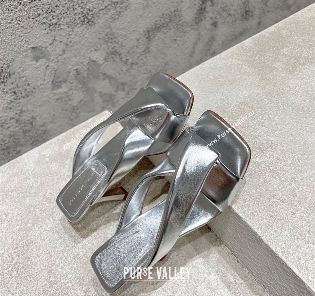 Bottega Veneta Riva Heel Slides Sandal 9cm in Shiny Calfskin with Twisted Strap Silver 2025 (MD-250604049)