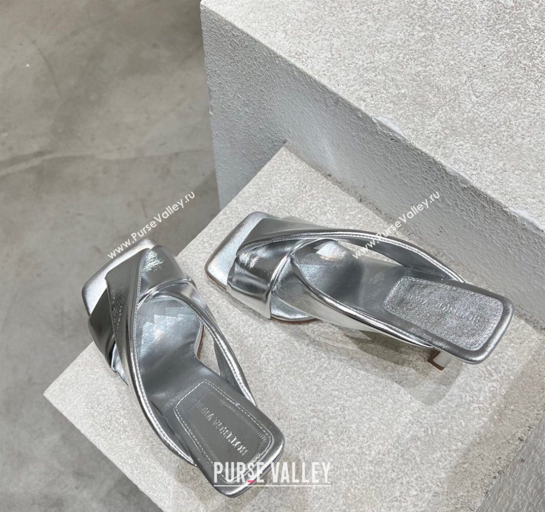 Bottega Veneta Riva Heel Slides Sandal 9cm in Shiny Calfskin with Twisted Strap Silver 2025 (MD-250604049)