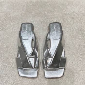 Bottega Veneta Riva Flat Slides Sandal in Shiny Calfskin with Twisted Strap Silver 2025 (MD-250604050)