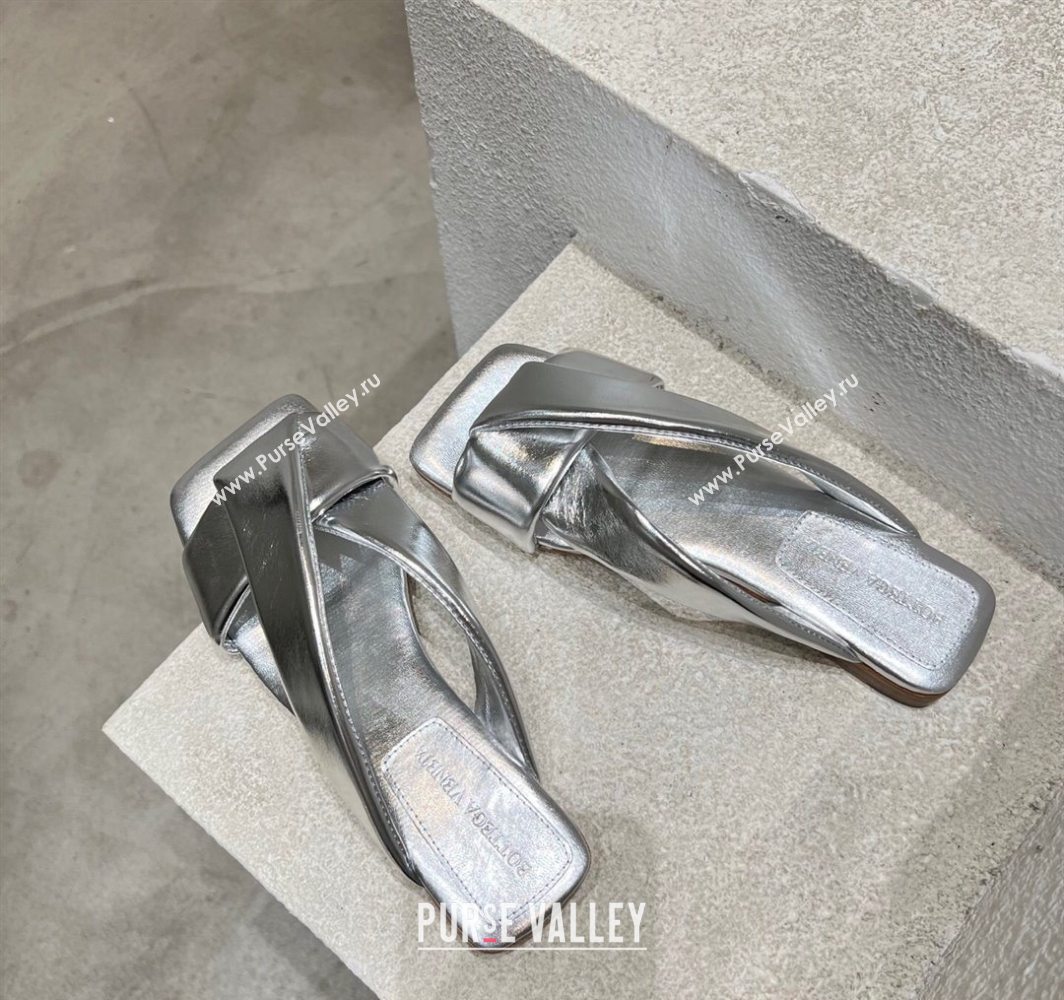 Bottega Veneta Riva Flat Slides Sandal in Shiny Calfskin with Twisted Strap Silver 2025 (MD-250604050)