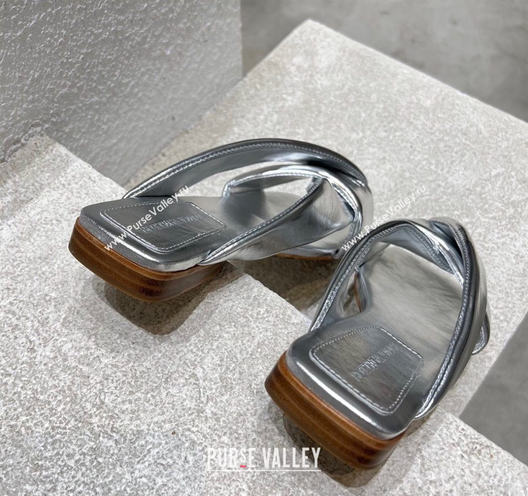 Bottega Veneta Riva Flat Slides Sandal in Shiny Calfskin with Twisted Strap Silver 2025 (MD-250604050)