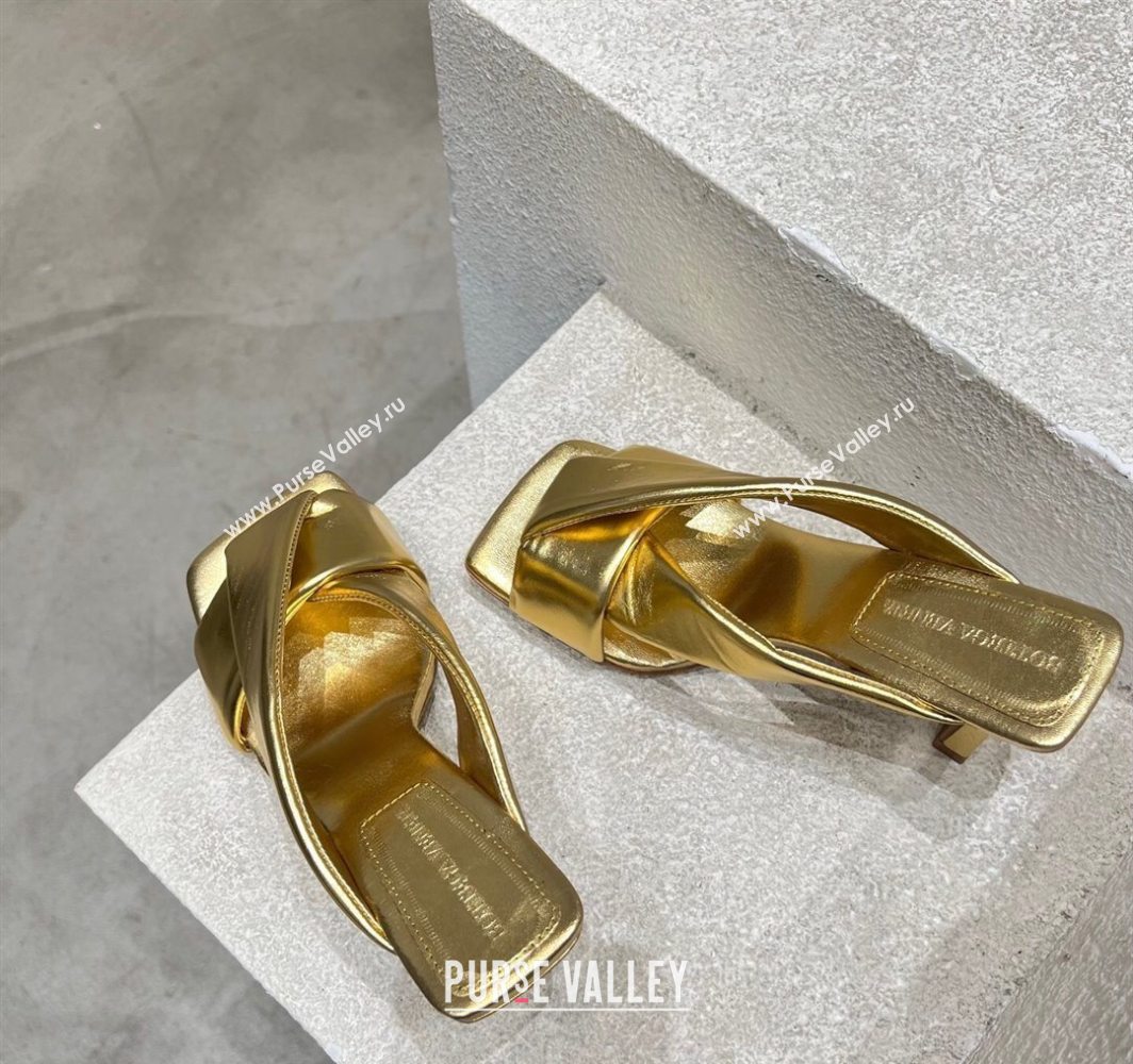 Bottega Veneta Riva Heel Slides Sandal 9cm in Shiny Calfskin with Twisted Strap Gold 2025 (MD-250604051)