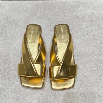 Bottega Veneta Riva Flat Slides Sandal in Shiny Calfskin with Twisted Strap Gold 2025 (MD-250604052)