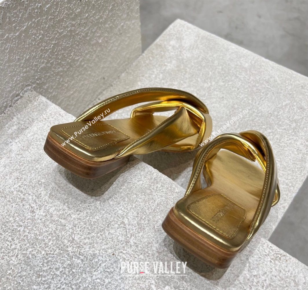 Bottega Veneta Riva Flat Slides Sandal in Shiny Calfskin with Twisted Strap Gold 2025 (MD-250604052)