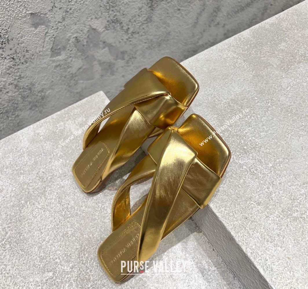 Bottega Veneta Riva Flat Slides Sandal in Shiny Calfskin with Twisted Strap Gold 2025 (MD-250604052)