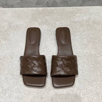 Bottega Veneta Parco Square Flat Slides Sandals in Soft Intrecciato Leather Chocolate 2025 837737 (MD-250604011)